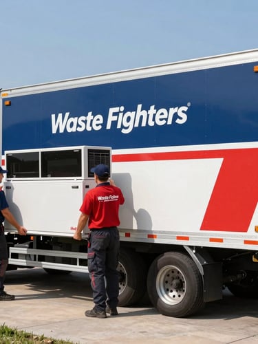 A clean branded Waste Fighters trailer parked on a driveway, crew members lifting a heavy appliance efficiently, high-contrast red accents, crisp daylight, 35mm lens