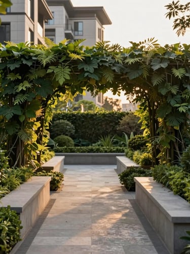 A manicured garden terrace with structural stone pathways and lush living canopy, framed against a modern architectural estate backdrop, golden hour.