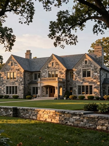 Wide architectural elevation of a massive stone estate in Connecticut at golden hour, hand-dressed granite retaining walls, mature oak trees framing the lawn, soft diffused light.