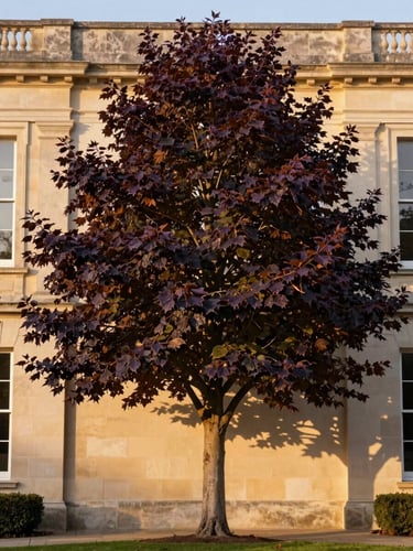 A tall, mature specimen European Beech tree with deep purple-bronze leaves, framed against a clean limestone estate wall, soft golden hour light, architectural shadows, 35mm photography