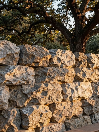A massive hand-dressed granite retaining wall framing a mature oak grove, soft golden-hour light highlighting the stone textures, 35mm photography