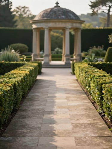 A manicured formal garden path lined with mature boxwoods and limestone pavers, leading to a classical stone pavilion, soft diffused morning light, 35mm