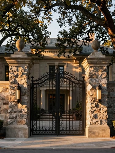 A grand estate entrance in Westchester featuring massive structural masonry pillars and custom wrought-iron gates, framed by mature oak trees at golden hour.