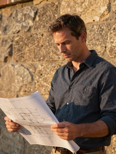 A portrait of Matthew Patrick Smith, a refined builder in his 40s, consulting architectural blueprints on-site at golden hour, sharp focus, rich natural stone texture in background, 35mm photography
