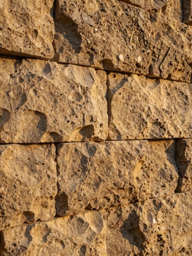 Close-up of hand-dressed limestone masonry on a massive retaining wall, rich natural textures, deep contrast, warm golden-hour light, 35mm.