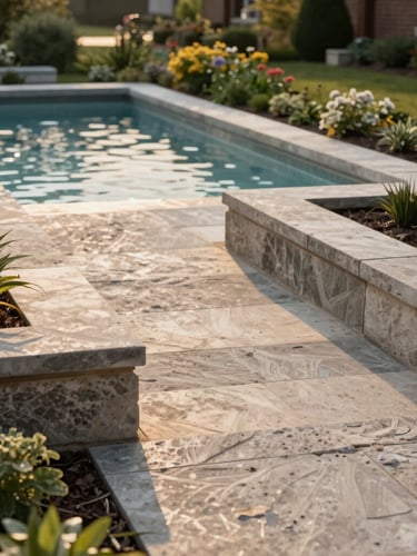 A sprawling limestone pool terrace in Greenwich, Connecticut, showcasing seamless transitions between heavy civil engineering and delicate horticultural borders.