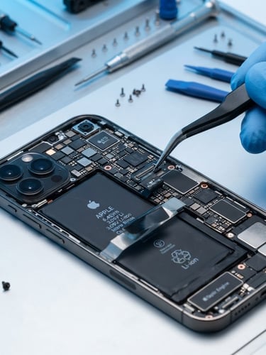 Macro shot of a smartphone interior, precise tools replacing a battery under cool blue studio lighting, high detail, sharp focus on hardware