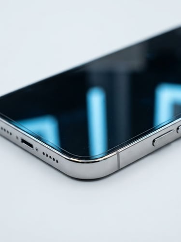 Macro shot of a pristine smartphone screen reflecting bright cool blue highlights, sharp focus on polished metallic edges, clean studio background