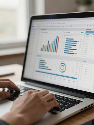Close-up of a laptop screen showing a dense operations dashboard with real data — bar charts and tables mid-session, hands resting on keyboard, diffused natural office light from a window to the left, desaturated warm tones