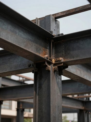 Heavy structural steel columns and beams assembled on site in CDMX, dramatic natural daylight showing precise bolted connections