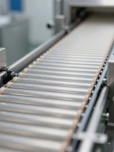 Macro shot of a sterile stainless steel conveyor belt in a modern meat processing facility, bright clinical lighting, sharp focus on clean metal textures.