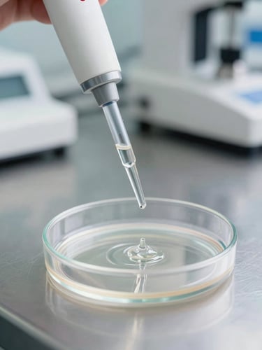 Macro close-up shot of a high-precision laboratory pipette dispensing liquid into a sterile petri dish, clinical high-key white lighting, pristine stainless steel industrial background.