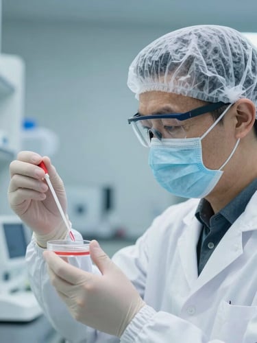 A technician in a white cleanroom coat and hairnet holding a petri dish, conducting a swab test in a clinical laboratory, bright blue sterile lighting.