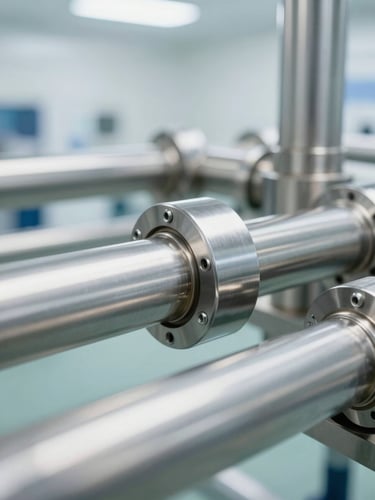 Macro shot of sterile stainless steel industrial pipe line, bright clinical lighting, high-key white highlights, ultra-clean environment.