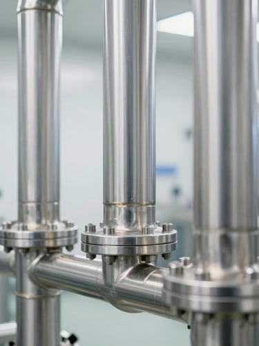 Macro shot of gleaming stainless steel industrial pipes in a sterile food processing plant, bright clinical white lighting, sharp focus on clean metal surfaces, high-key atmosphere.