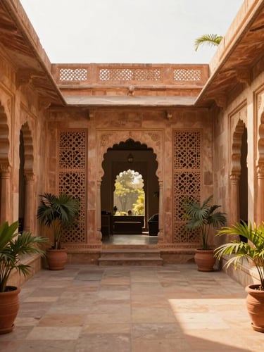 A sun-drenched central courtyard of a boutique hotel in Jaipur, featuring stone-carved jali screens, terracotta pots with green plants, and warm morning light.