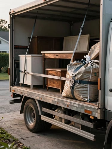 Close-up of a truck bed loaded mid-haul with furniture and bagged debris, natural morning daylight, items being actively secured with straps, concrete driveway visible below