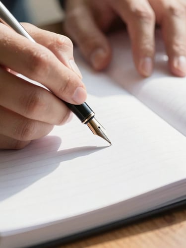 Macro close-up of hands holding a fountain pen over a clean paper ledger on a wooden table, soft morning light filtering through a window.