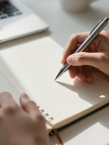 Macro close-up of hands holding a pen over a physical planner, soft diffused morning light, natural shadows, clean minimalist desk setup.