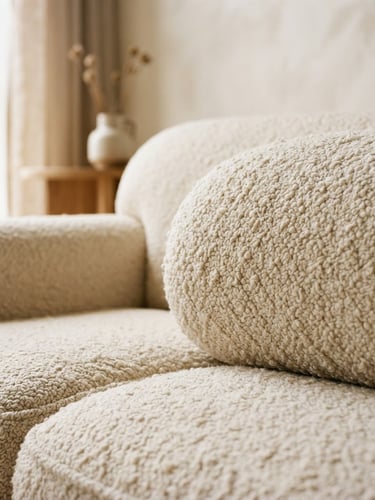 A close-up photograph of a beautifully restored cream bouclé sofa in a minimalist room, soft natural window light, elegant shadows, shallow depth of field, 35mm