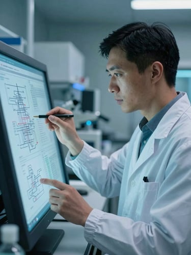 A professional bioengineer in a cleanroom setting, analyzing technical schematics on a transparent screen, cool clinical lighting with subtle blue highlights, professional portrait, sharp focus.