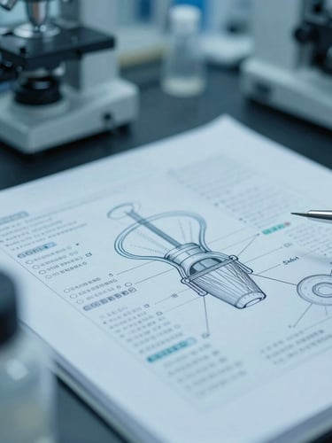 Close-up of clean laboratory equipment and technical medical schematics with subtle digital overlays, cool clinical lighting, 35mm