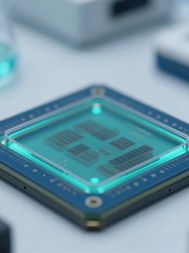 Macro close-up of a high-precision microfluidic chip with turquoise fluorescent liquid, crisp laboratory lighting, scientific instrumentation in soft focus background, 35mm.