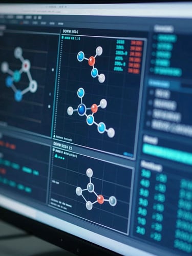 Macro shot of a biotech interface displaying complex data plots and molecular structures, cool clinical lighting, deep blue and turquoise accents, sharp focus, 35mm