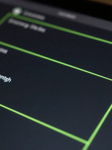 Extreme close-up of a high-fidelity dark UI/UX interface on a screen, glowing acid-green accent lines, moody studio lighting, macro photography.