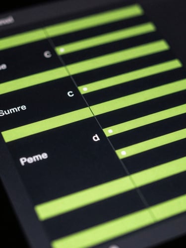 Extreme close-up of a high-contrast dark UI design mockup, showing precise typography grids and sharp acid-green highlights, low-key screen glow lighting.