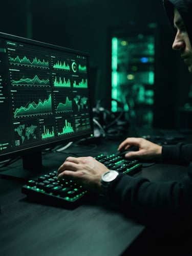 moody dark-mode tech photography of a developer analyzing telemetry dashboards with neon green ambient lighting, high contrast, macro depth of field, 35mm