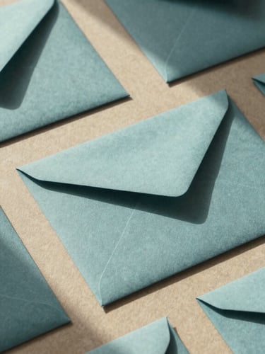 High-angle flat lay of minimalist stationery suite, tactile soft teal envelopes, blind-debossed letterheads on warm textured paper, soft natural window light.