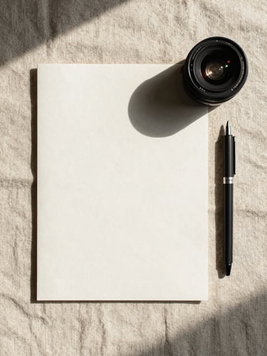 High-angle flat lay of minimalist stationery on textured linen paper, soft natural shadows, warm daylight.