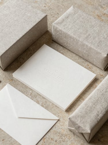 High-angle minimalist flat lay of textured linen brand packaging and embossed stationery resting on a warm stone surface, soft diffused side daylight.