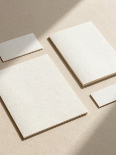 High-angle flat lay of minimalist stationery mockups on textured cotton paper, soft diffused natural light, warm beige shadows.