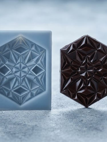 Macro de un molde de silicona de grado platino con un detalle geométrico complejo, junto a una pieza de chocolate desmoldada idéntica, luz de estudio fría, sombras nítidas, enfoque en la textura.