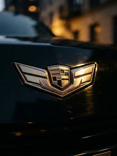 Dramatic close-up of a polished black executive SUV emblem under low-key golden hour street lights, sharp details, 35mm lens