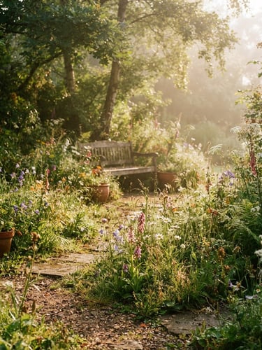 Warm sun-dappled garden corner with lush native Dutch wildflowers, a wooden bench in the background, soft morning mist, shallow depth of field, 35mm film