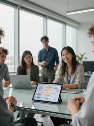 Medium-wide environmental shot, bright natural office daylight, a modern collaborative workspace with clean architectural grid lines, a glass desk, and a tablet displaying a structured process flow diagram.