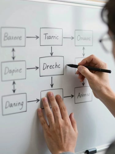 A crisp close-up of hands sketching a clear system workflow diagram on a whiteboard, bright natural office daylight