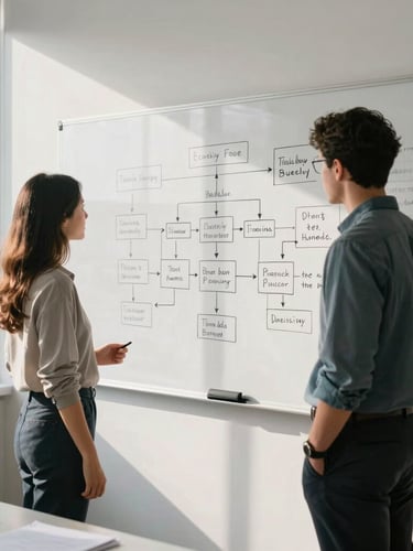 Medium-wide environmental shot of a collaborative corporate workshop. Two professionals in business-casual attire stand before a large whiteboard filled with hand-drawn flowcharts and process maps. Bright, natural office daylight streams from a side window, highlighting the crisp grid lines on the board.