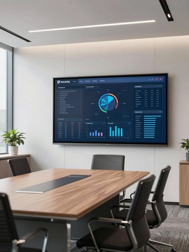 A modern corporate office meeting room with clean lines, a large screen displaying structured data dashboards, bright daylight
