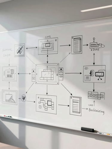 Crisp architectural view of a modern conference room whiteboard covered in hand-drawn flowcharts and system architecture diagrams, bright natural daylight, sharp focus.