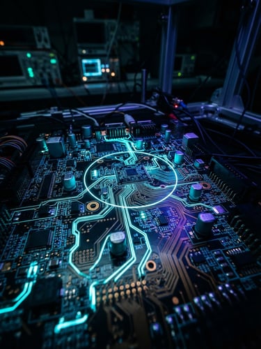 Extreme close-up of a high-precision hardware module, glowing with neon cyan and ultraviolet edge lighting, in a dark laboratory setting, macro lens, highly detailed circuit traces.