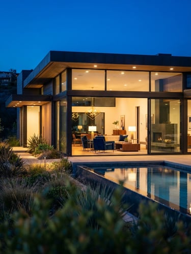 Architectural photography of a modern luxury house with flat roof, glass walls, warm interior lighting at twilight, 35mm