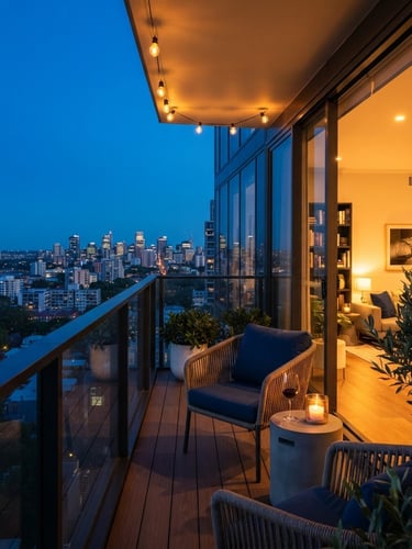 Modern apartment balcony at twilight, warm golden interior light glowing, deep blue sky, clean architectural lines, 35mm