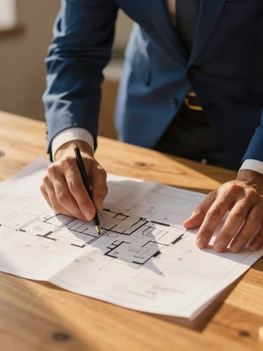 Real estate consultant reviewing architectural blueprints at a wooden table, warm golden-hour light casting soft shadows, professional atmosphere, 35mm.