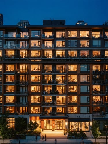 Modern residential building facade at twilight, golden-hour interior light glowing from windows, straight-on architectural lines, 35mm