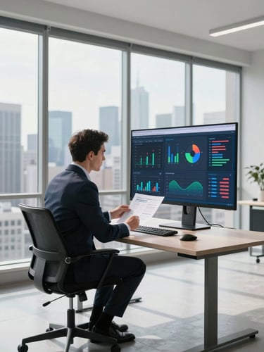 Wide panoramic shot of a business executive at a standing desk reviewing digital strategy documents and a large analytics screen, floor-to-ceiling windows behind him showing a city skyline, high-key professional lighting, no clutter