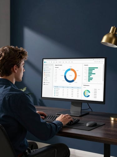Wide environmental shot, business owner seated at a dark executive desk reviewing a digital analytics dashboard on a large monitor, clean studio lighting from the left casting sharp shadows, deep navy wall behind, gold desk lamp accent in the far corner, high production value